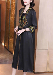 Modern Black V Neck Embroidered Floral Button Trench Coat Long Sleeve