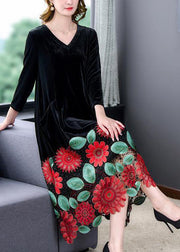 Modern Black V Neck Floral Patchwork Hollow Out Silk Velour Dress Spring