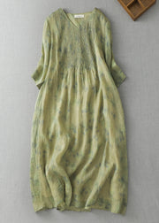 Modern Green geometry V Neck Print Wrinkled Linen A Line Dress Summer