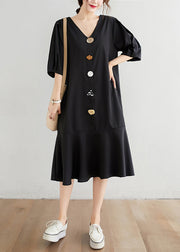 Modern Black V Neck Ruffles Button Chiffon Dresses Half Sleeve