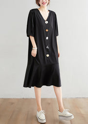 Modern Black V Neck Ruffles Button Chiffon Dresses Half Sleeve