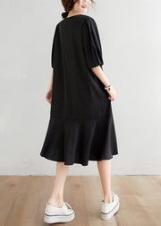 Modern Black V Neck Ruffles Button Chiffon Dresses Half Sleeve