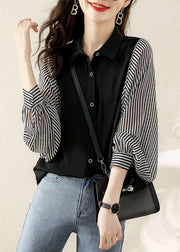 Modern Black button Peter Pan Collar Striped Patchwork Shirt Top Long Sleeve