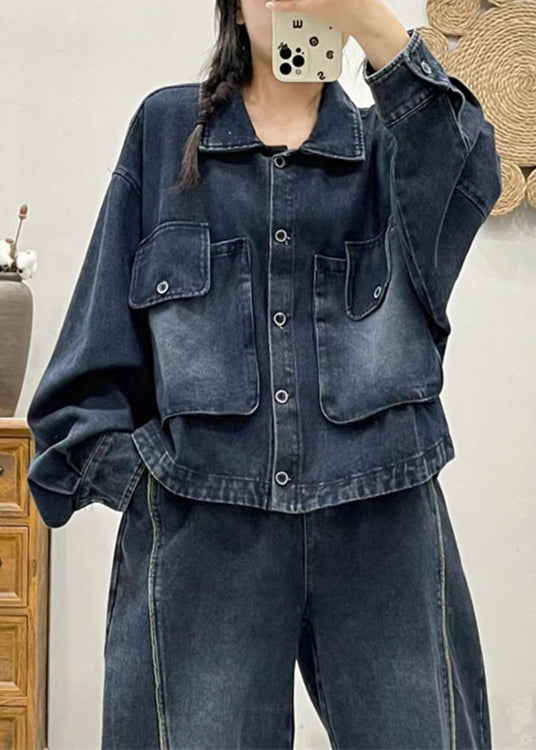 Modern Blue Button Pockets Patchwork Denim Coat Fall