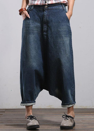 Modern Blue Casual Pockets Wrinkled Fall Harem Denim Pants - bagstylebliss