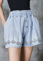 Modern Blue Elastic Waist Drawstring Denim Shorts Summer