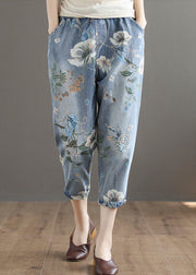 Modern Blue Elastic Waist Drawstring Pockets Print Cotton Crop Pants Summer