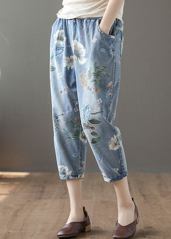 Modern Blue Elastic Waist Drawstring Pockets Print Cotton Crop Pants Summer