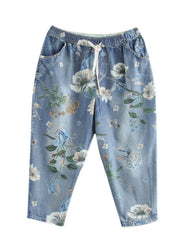 Modern Blue Elastic Waist Drawstring Pockets Print Cotton Crop Pants Summer