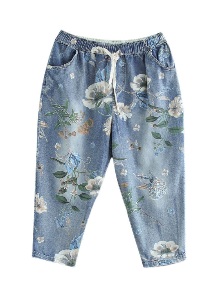 Moderne blaue elastische Taillen-Kordelzug-Taschen bedrucken Baumwoll-Crop-Hosen im Sommer