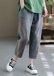 Modern Blue Elastic Waist Patchwork Applique Cotton Crop Pants Summer