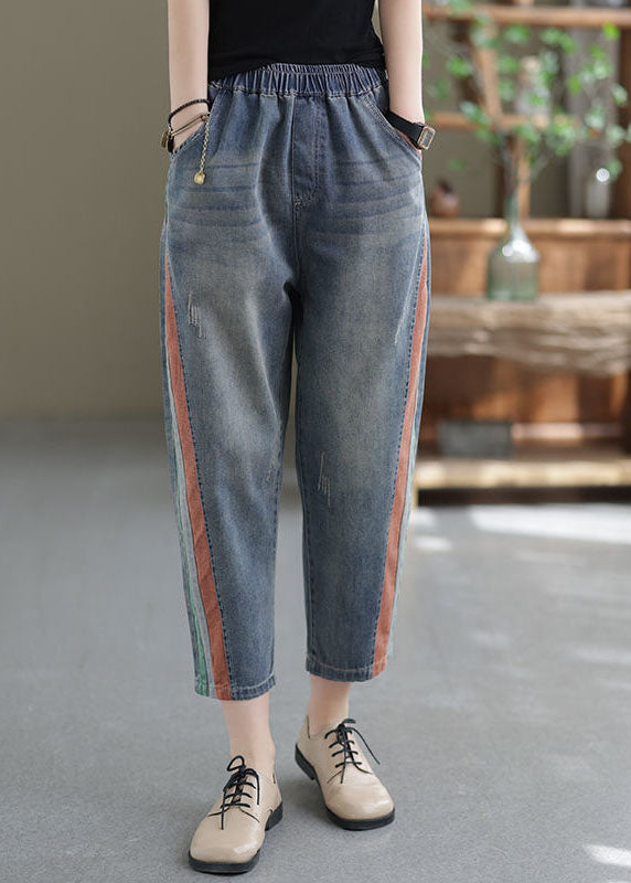 Modern Blue Elastic Waist Patchwork Applique Cotton Crop Pants Summer