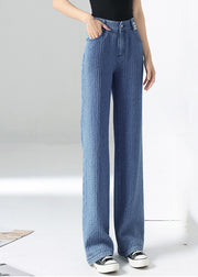 Modern Blue High Waist Zip Up Pockets Plaid Cotton Wide Leg Pants Trousers Summer