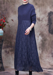 Modern Blue Knit Patchwork Lace Vacation Dresses Spring