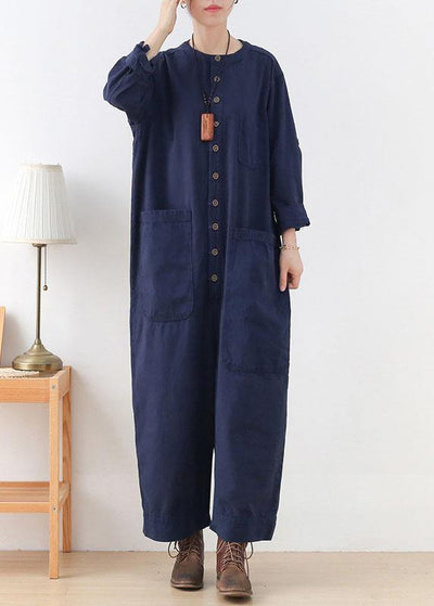 Modern Blue Loose Pockets Fall Button Denim Romper Sets - bagstylebliss