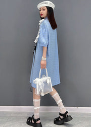 Modern Blue Peter Pan Collar Patchwork Ruffles Plaid Cotton Maxi Dresses Short Sleeve