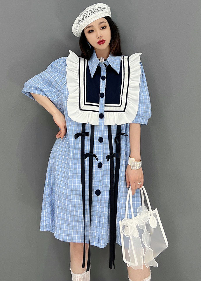 Modern Blue Peter Pan Collar Patchwork Ruffles Plaid Cotton Maxi Dresses Short Sleeve