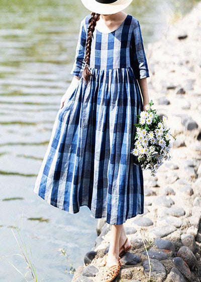 Modern Blue Plaid asymmetrical design Holiday Summer Linen Dress - bagstylebliss