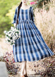 Modern Blue Plaid asymmetrical design Holiday Summer Linen Dress - bagstylebliss