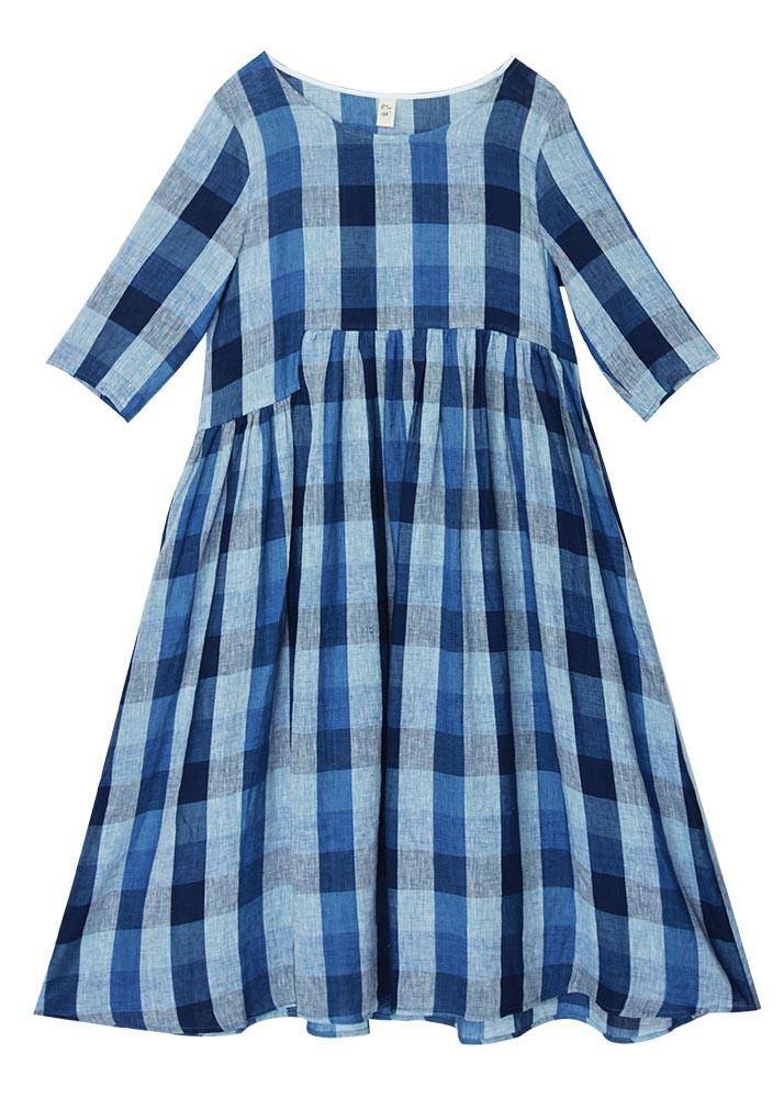 Modern Blue Plaid asymmetrical design Holiday Summer Linen Dress - bagstylebliss