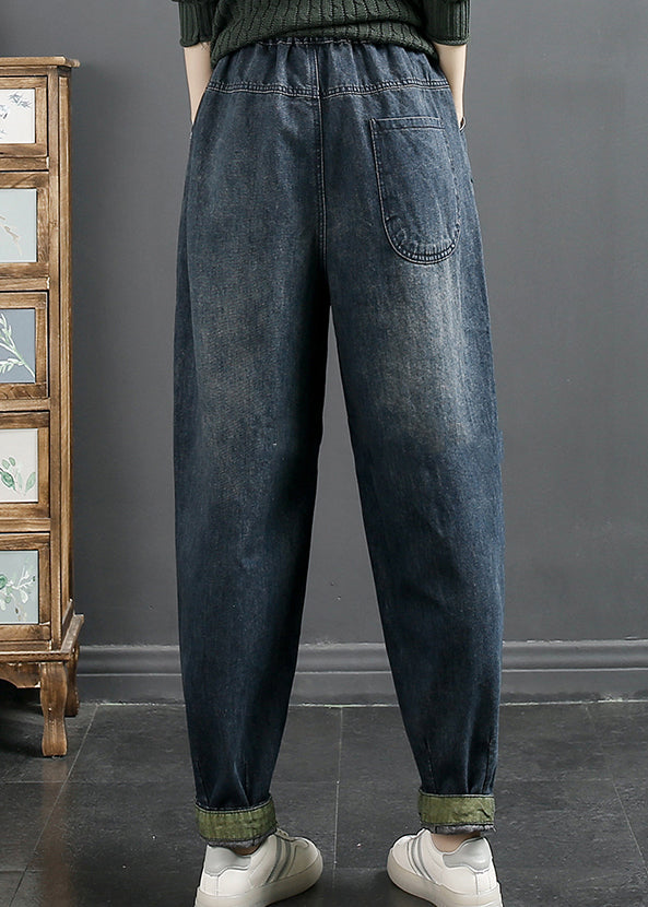 Modern Blue Pockets Elastic Waist Patchwork Jeans Fall