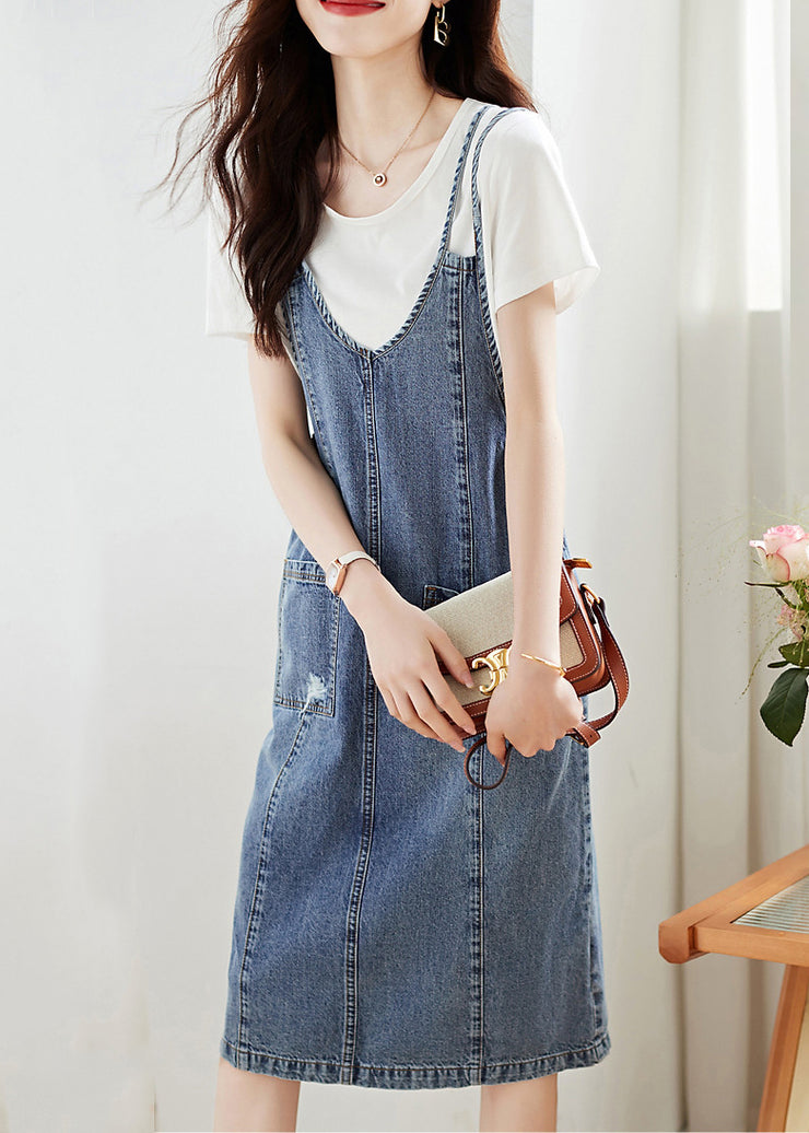 Modern Blue Pockets High Waist Patchwork Denim Two Piece Set Summer