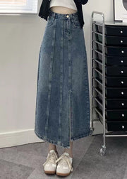 Modern Blue Pockets Side Open Patchwork Denim Skirts Fall