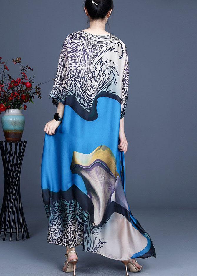 Modern Blue Print asymmetrical design Casual Summer Silk Long Dress - bagstylebliss