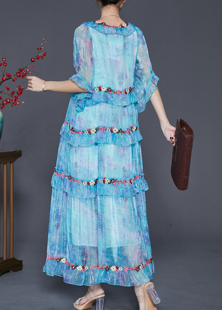 Modern Blue Ruffled Floral Chiffon Robe Dresses Spring