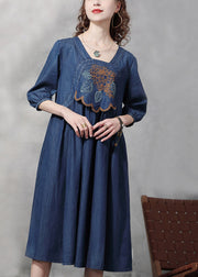 Modern Blue Square Collar Embroideried Cotton Denim Dresses Half Sleeve