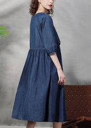 Modern Blue Square Collar Embroideried Cotton Denim Dresses Half Sleeve