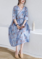 Modern Blue Tie Waist Patchwork Print Summer Ramie Dress Half Sleeve - bagstylebliss