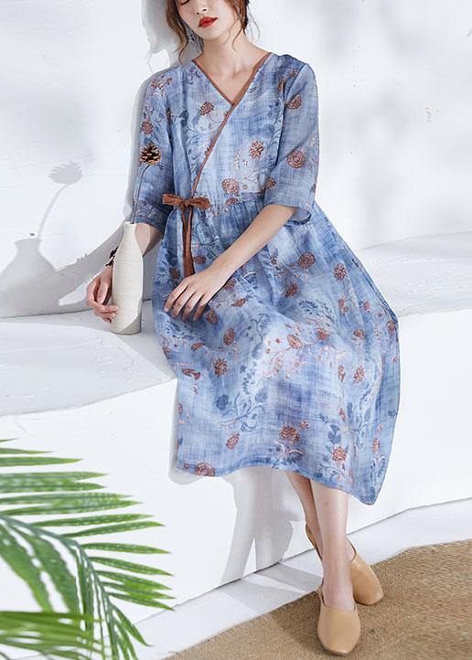Modern Blue Tie Waist Patchwork Print Summer Ramie Dress Half Sleeve - bagstylebliss