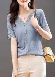 Modern Blue V Neck Hollow Out Lace Patchwork Shirt Summer