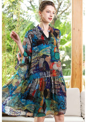 Modern Blue V Neck Patchwork Print Chiffon Party Dress Bracelet Sleeve