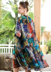 Modern Blue V Neck Patchwork Print Chiffon Party Dress Bracelet Sleeve