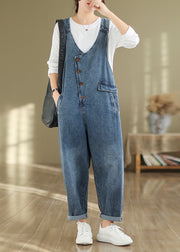 Modern Blue V Neck Pockets High Waist Denim Jumpsuit Fall