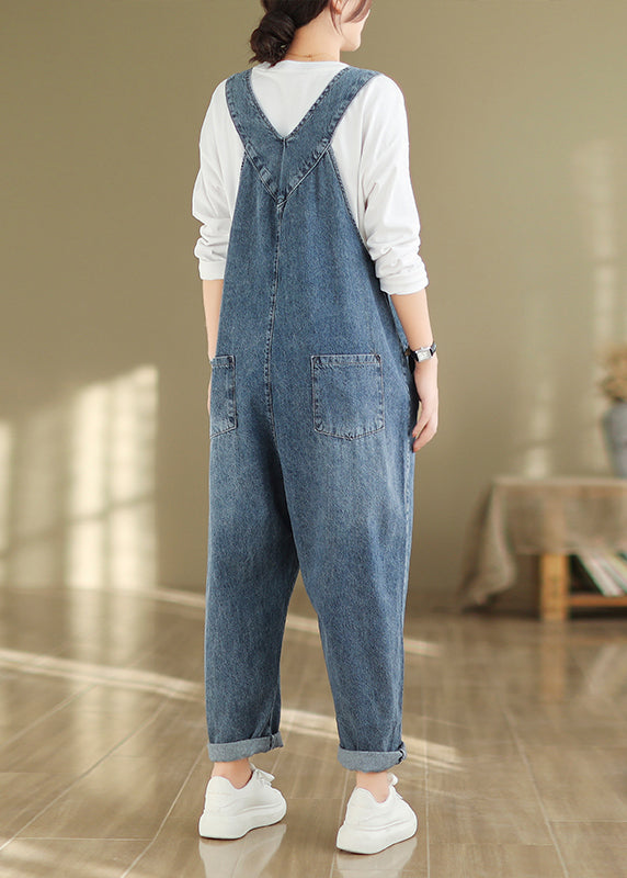 Modern Blue V Neck Pockets High Waist Denim Jumpsuit Fall