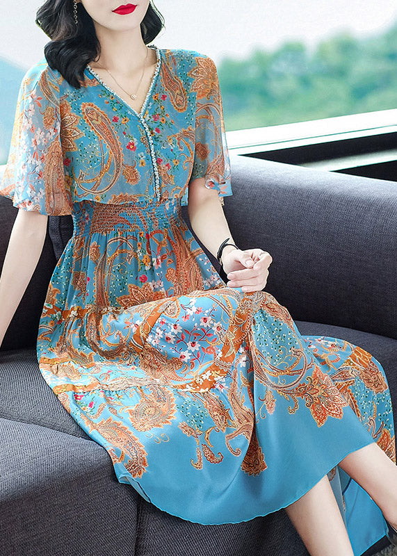 Modern Blue V Neck Print Elastic Waist Silk Long Dress Flare Sleeve