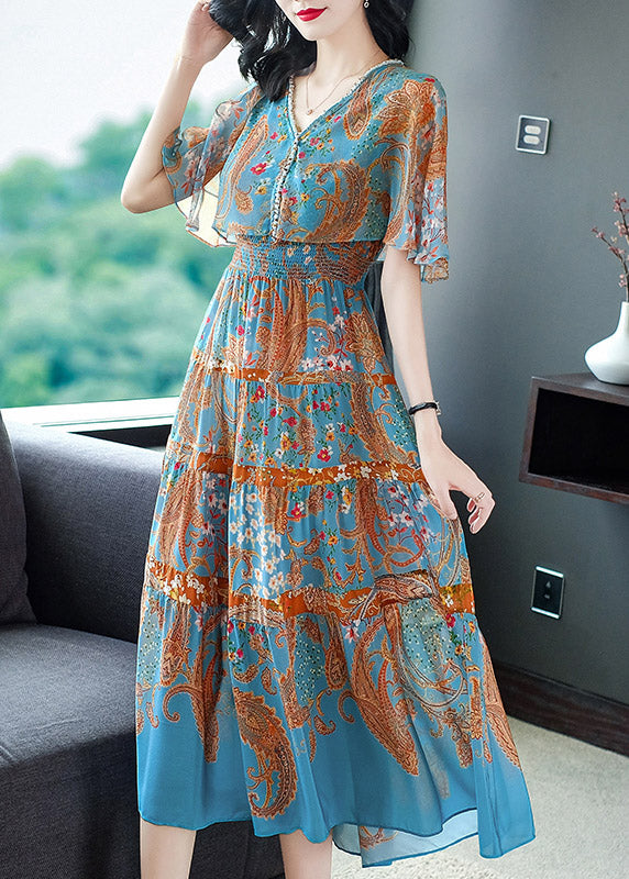 Modern Blue V Neck Print Elastic Waist Silk Long Dress Flare Sleeve