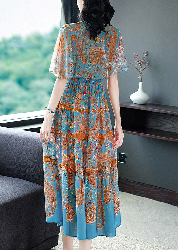 Modern Blue V Neck Print Elastic Waist Silk Long Dress Flare Sleeve