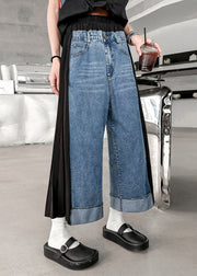 Modern Blue Wrinkled Elastic Waist Patchwork Denim Crop Pants Fall