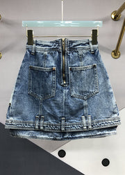 Modern Blue Zip Up Pockets Patchwork Denim Skirts Summer