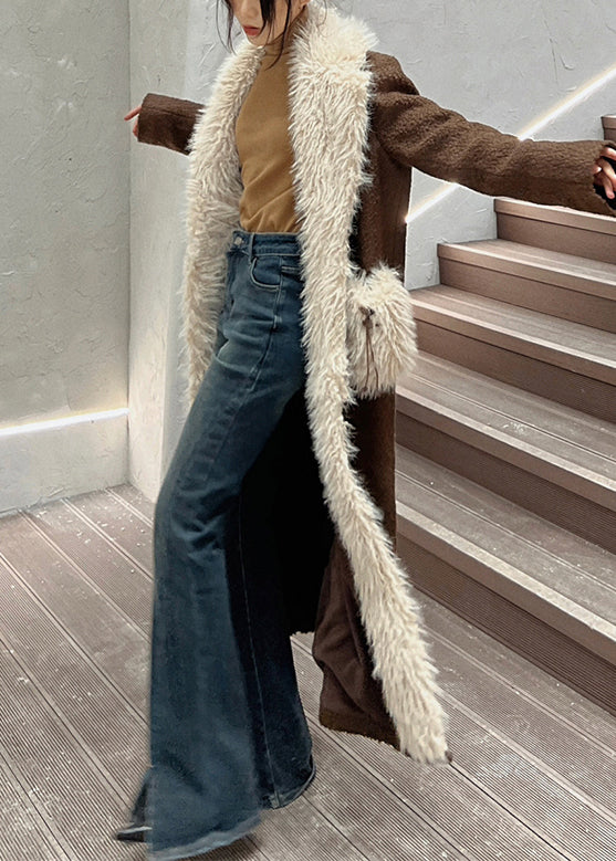 Modern Brown Fur Collar Patchwork Pockets Wool Coats Winter