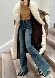 Modern Brown Fur Collar Patchwork Pockets Wool Coats Winter