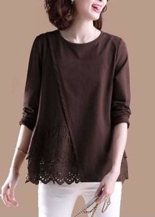 Modern Brown Hollow Out Patchwork Shirt Tops Spring