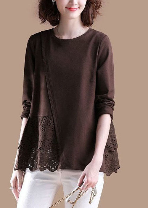 Modern Brown Hollow Out Patchwork Shirt Tops Spring