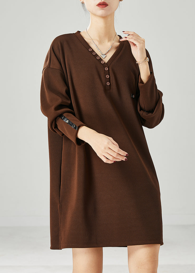 Modern Brown V Neck Cotton Sweatshirt Dress Spring