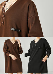 Modern Brown V Neck Cotton Sweatshirt Dress Spring