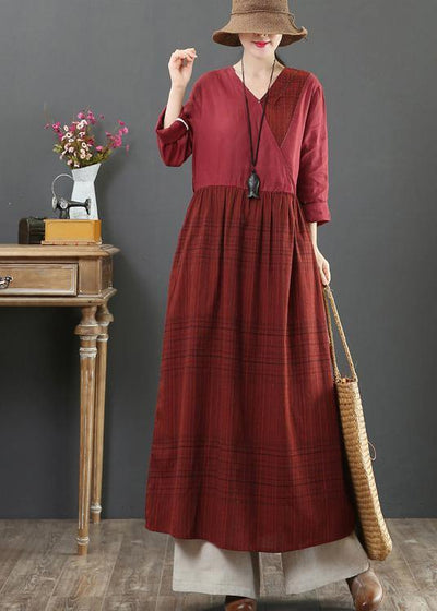 Modern Burgundy Plaid Tunic V Neck Tie Waist Maxi Spring Dress - bagstylebliss